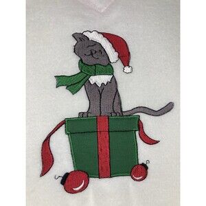 Bobbie Brooks Christmas Sweater M 10/12 Cat Present Ivory V-Neck NWOT
